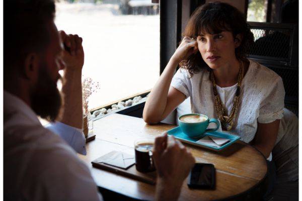 couple sitting in a restaurant having coffee