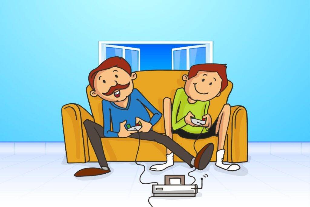 Cartoon of Dad and son playing video games together