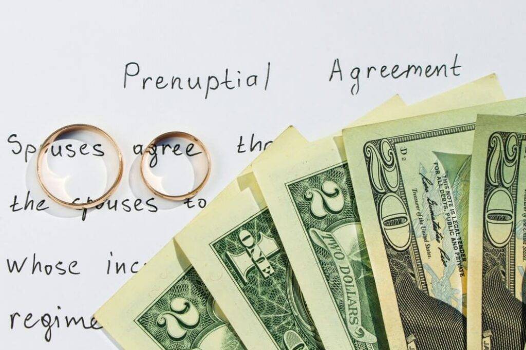 Prenuptial agreement with cash and wedding rings on top of paper.