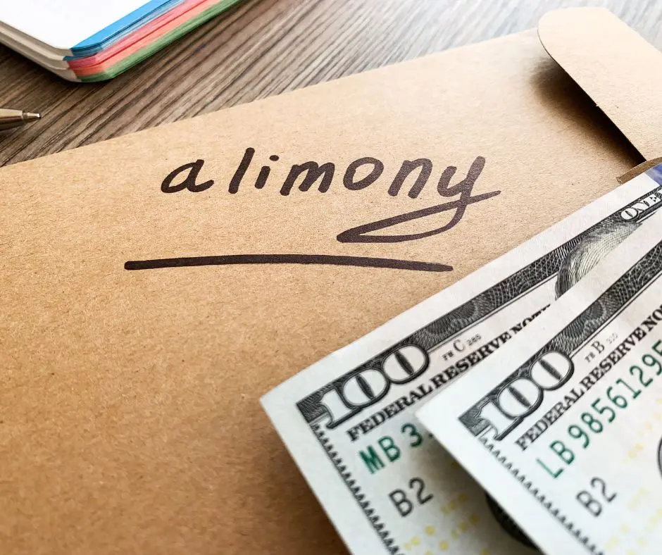 a brown envelope  labeled as alimony and dollar notes are on a table.